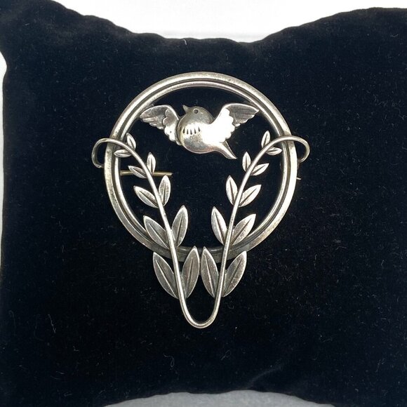VTG Georg Jensen Denmark Sterling Silver Dove In Foliage Brooch Arno Malinowski - Picture 1 of 16